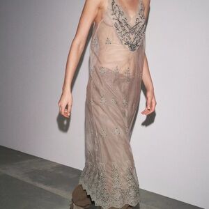 Zara Sheer Embroidered Maxi Dress - Gray